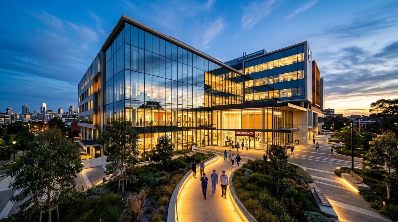 Illustrative contemporary hospital campus with landscaped grounds at dusk