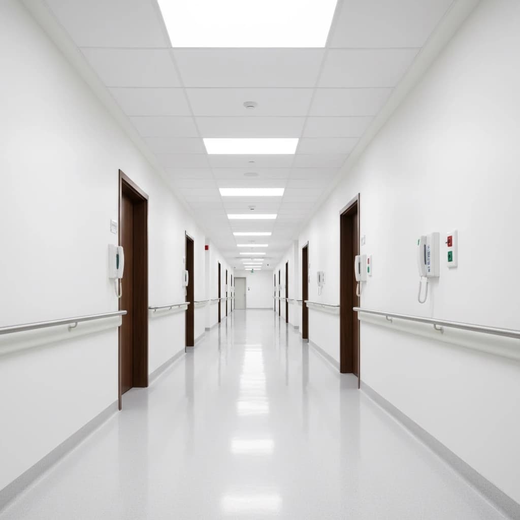 Illustrative contemporary hospital corridor with clean clinical finishes